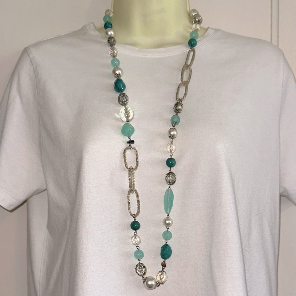 Long  Silver Tone Chunky Turquoise & Faux‎ Pearl Beaded Necklace